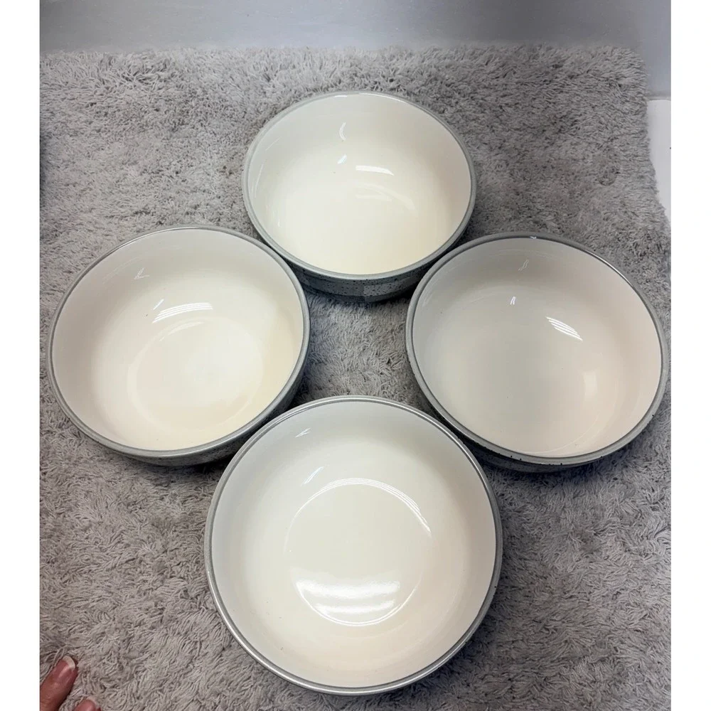 Baum Vale Grey White Buffalo Plaid Speckled China Cereal Bowls Set of 4